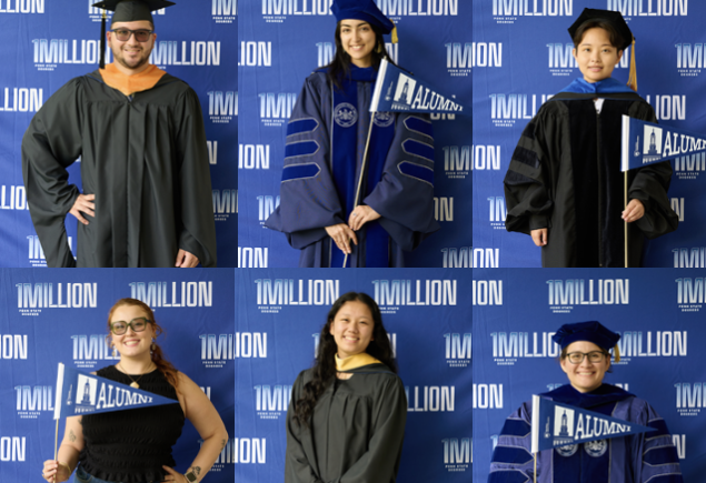 photos of a dozen Penn State grads holding alumni banners standing in front of 1 Million Degrees signage by Steve Tressler
