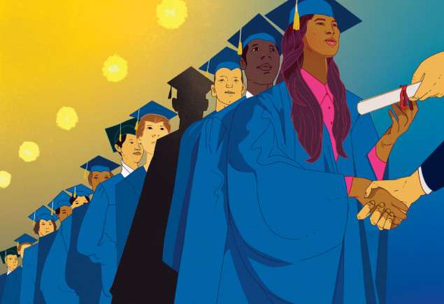 illustration of a line of graduates in regalia, but one is a shadow, by Marcos Chin
