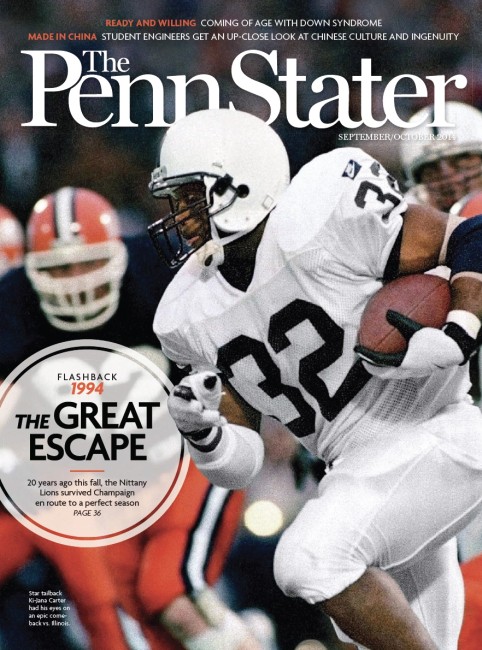 Sept/Oct 2014 cover of Penn Stater Magazine_football playing running with the ball