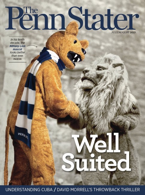 July August 2013 cover of Penn Stater Magazine_current Nittany Lion mascot shaking hands with first mascot