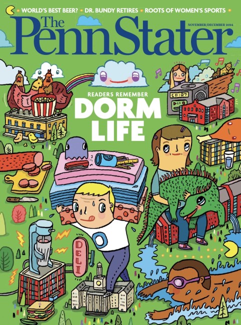 Nov/Dec 14 cover of Penn Stater Magazine_illustration of various dorm life moments on green background