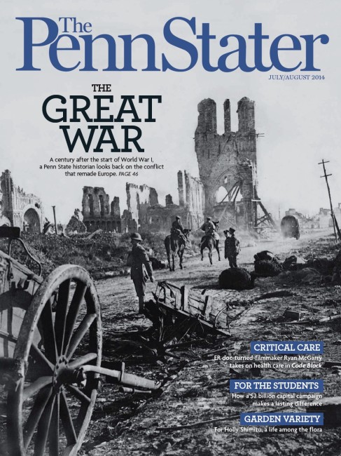 July August 2014 cover of Penn Stater Magazine_black and white battlefield