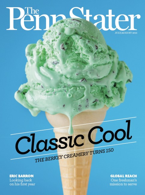 July August 2015 cover of Penn Stater Magazine_mint chocolate chip ice cream cone on aqua background