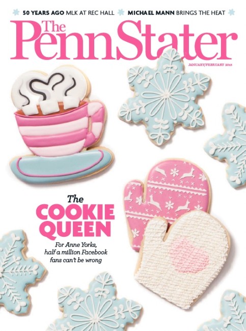 Jan/Feb 15 cover of Penn Stater Magazine_display of pink and white winter themed cookies