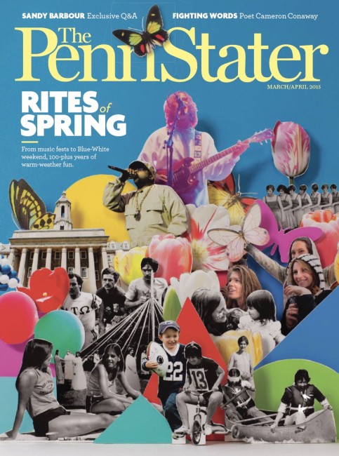 march/April 2015 cover of Penn Stater Magazine_vibrant colorful collage of warm weather activities
