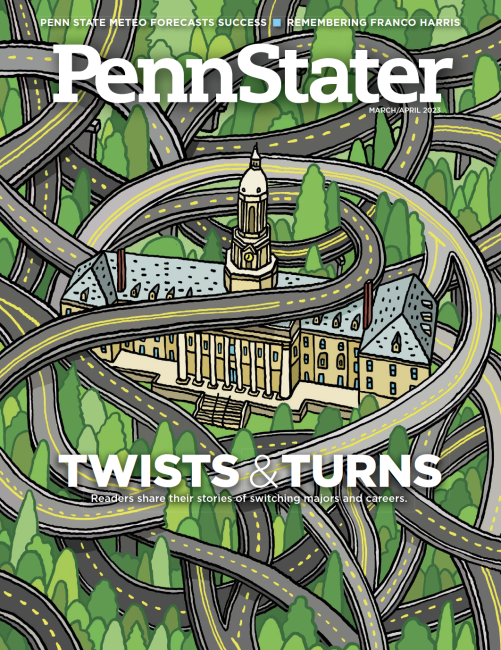 March April 2023 cover of Penn Stater Magazine featuring illustration of a convoluted web of interconnected roads around Old Main at University Park