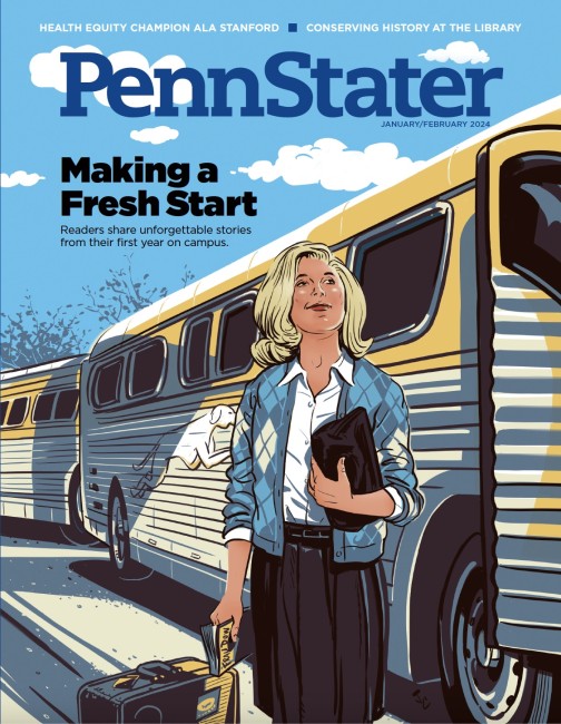 cover of Jan/feb '24 issue of Penn Stater Magazine featuring illustration of a student with suitcase arriving to campus by bus by Jonathan Carlson