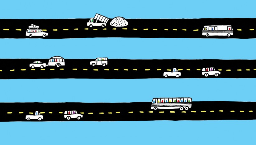 three horizontal roads with cars and campers and trucks on a blue background