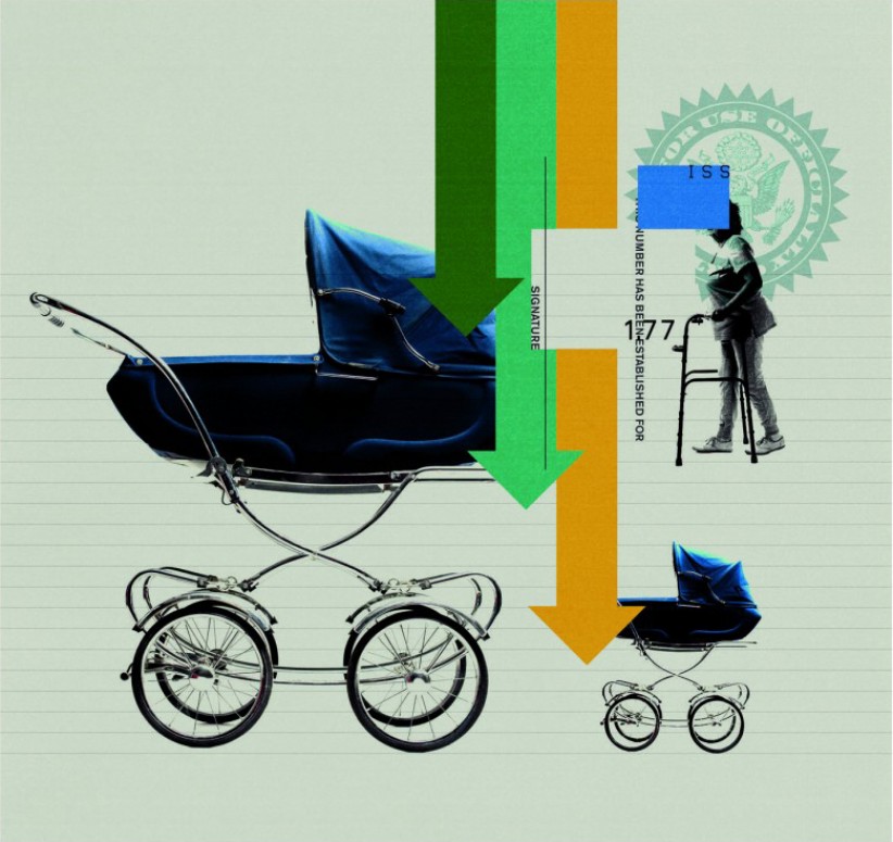 Baby Carriage with graphic arrows pointing down