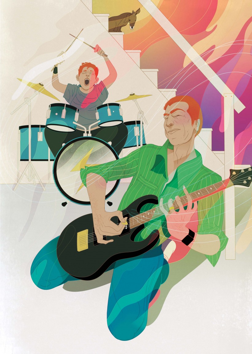 illustration of guitarist and drummer 