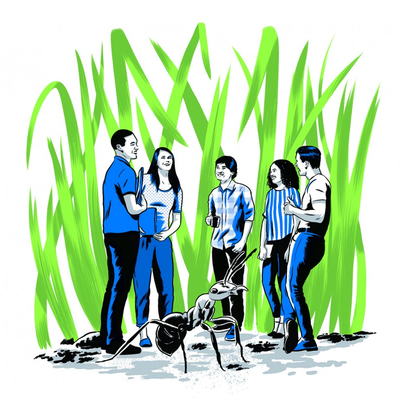 Illustration of students and tall grass with an ant nearly half their size