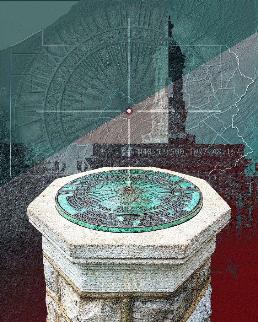 Illustration sundial on Old Main lawn against an outline of Pennsylvania and the state capitol building by Nick Sloff '92 A&A
