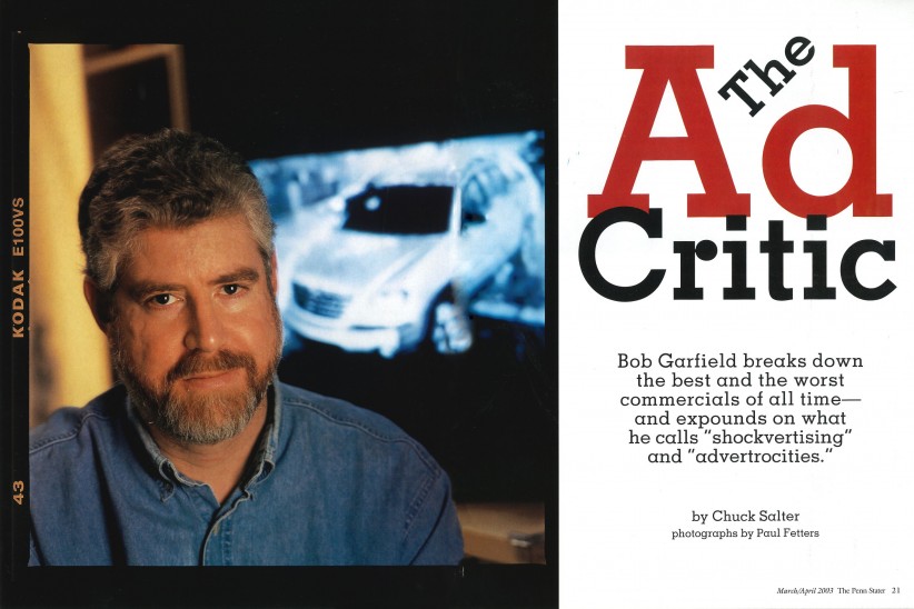opening spread of The Ad Critic from March/April 2003 issue of Penn Stater, courtesy Penn Stater Archives