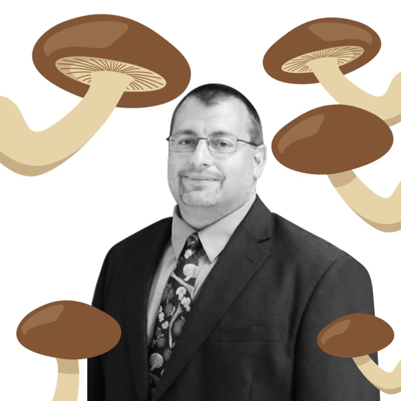illustration of mushrooms with black and white John Pecchia head shot in the middle, by Nick Sloff '92 A&A