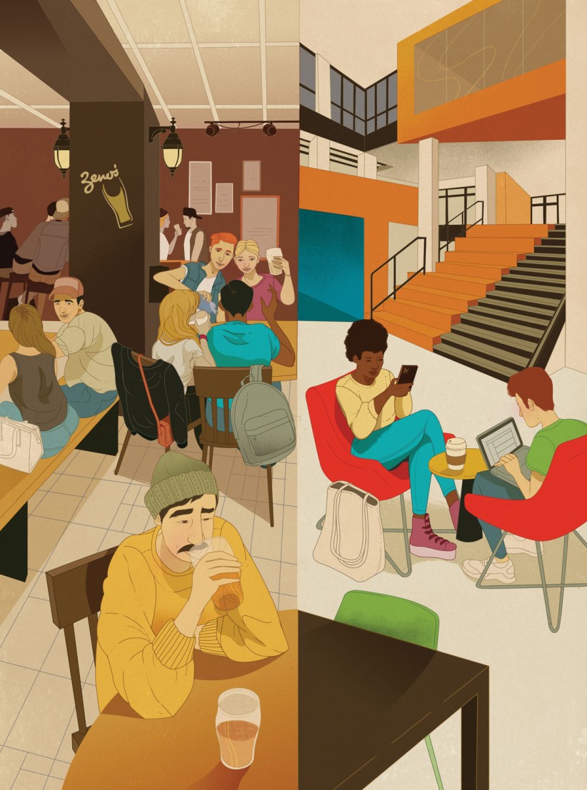illustration of various small groups of students enjoying beverages, studying with laptops, and talking by Marco Chin