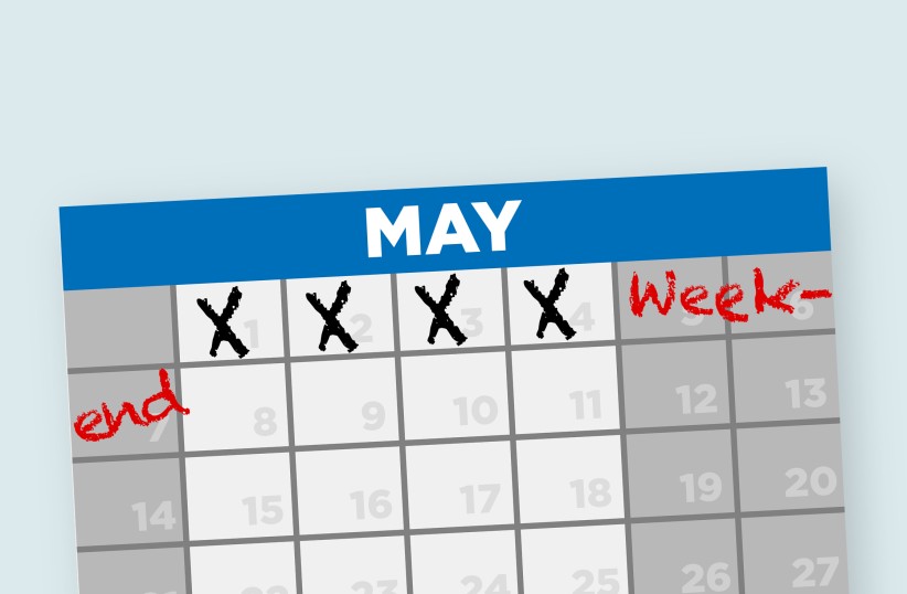 illustration of a May calendar with four days X-ed out and a three-day weekend marked in red, by Nick Sloff '92 A&A