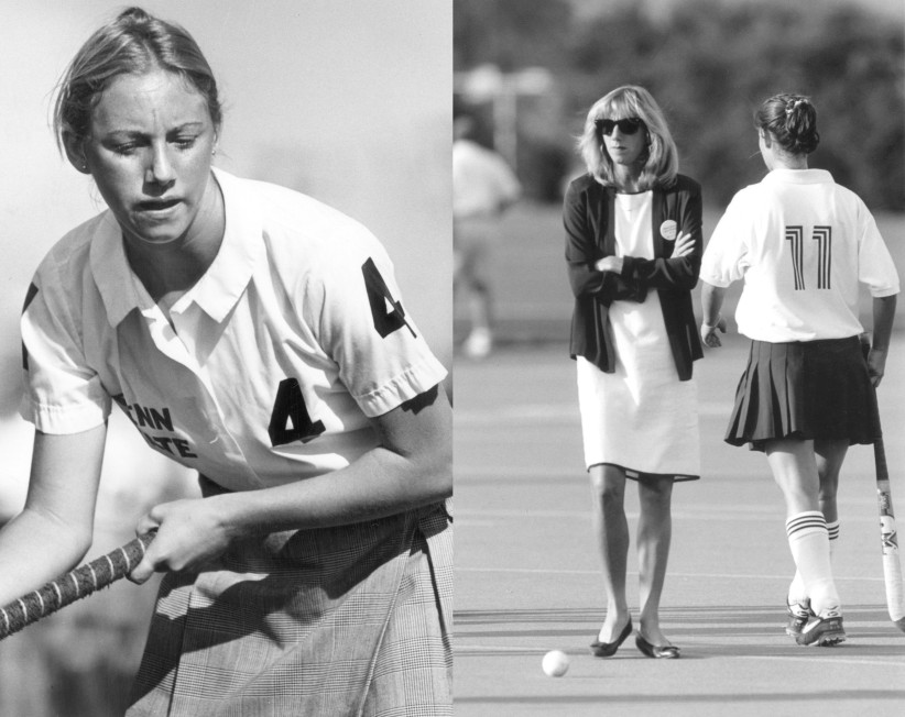 diptych of black and white Char Morett-Curtiss photos, one of her playing and one of her coaching, by Penn State Archives