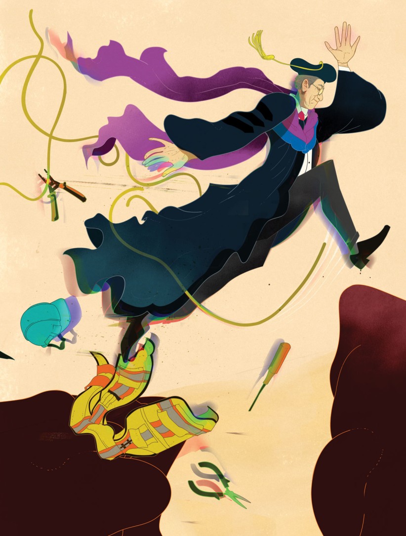 illustration of a man in cap and gown leaping from one stone to another and shedding the tools and clothing of an electrician, by Marcos Chin