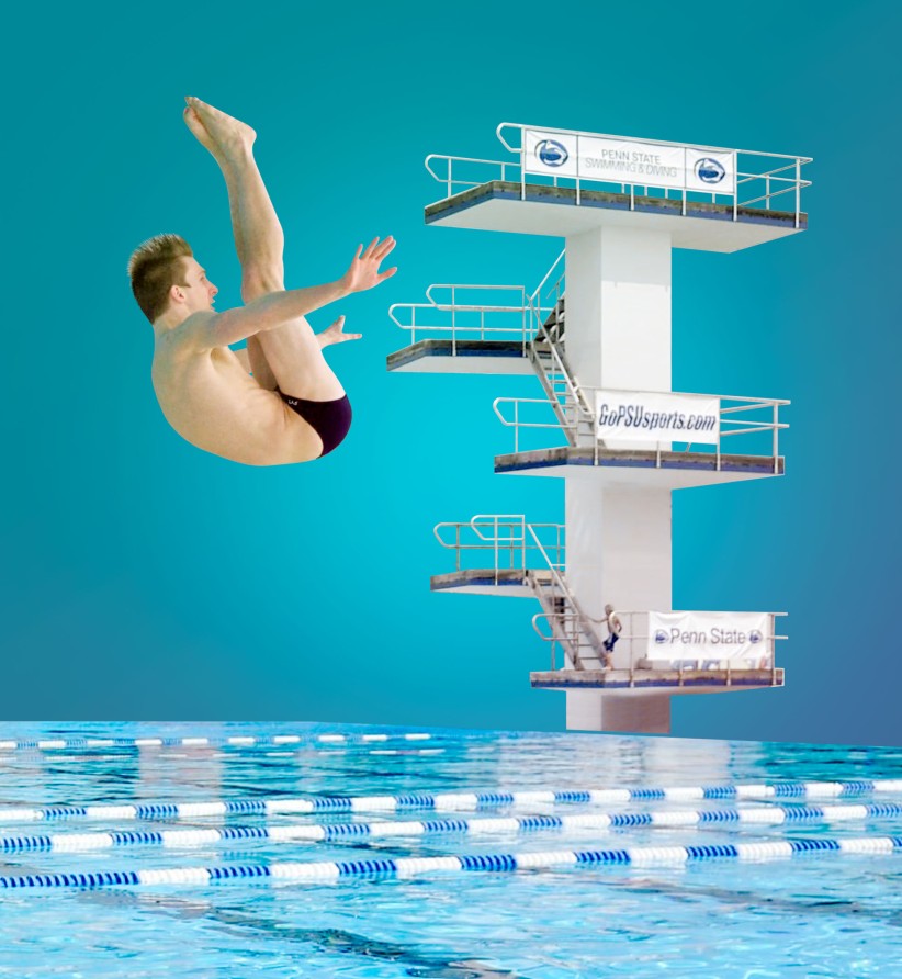 person diving into a swimming pool with tiered diving boards in the background, photo illustration by Nick Sloff ’92 A&A / Penn State Swimming & Diving