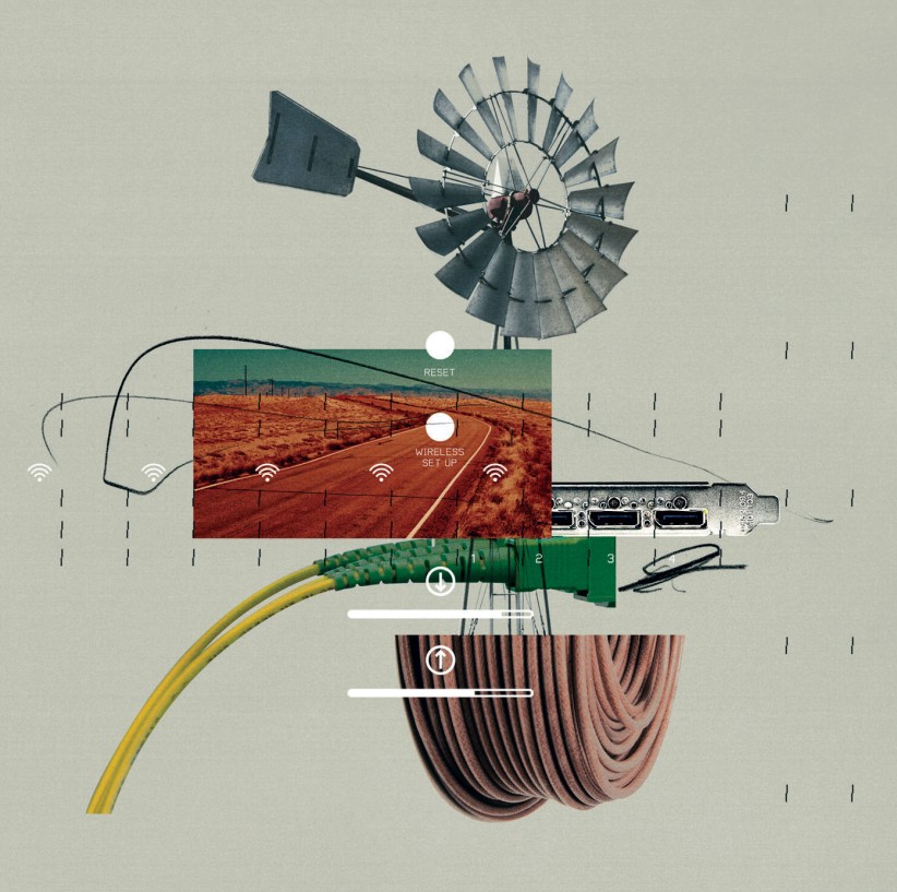conceptual illustration of wireless connection setup and rural imagery by Stuart Bradford