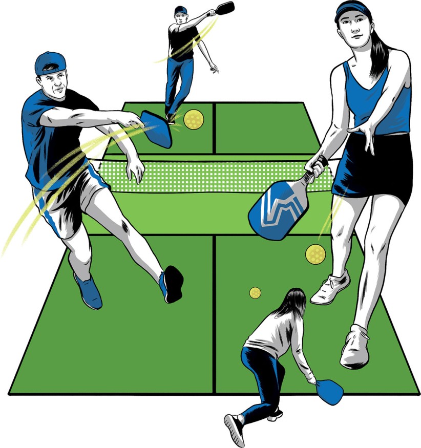 illustration of figures on pickleball court by Joel Kimmel