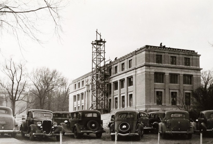 black and white photo of the Education Building by Penn State Archives