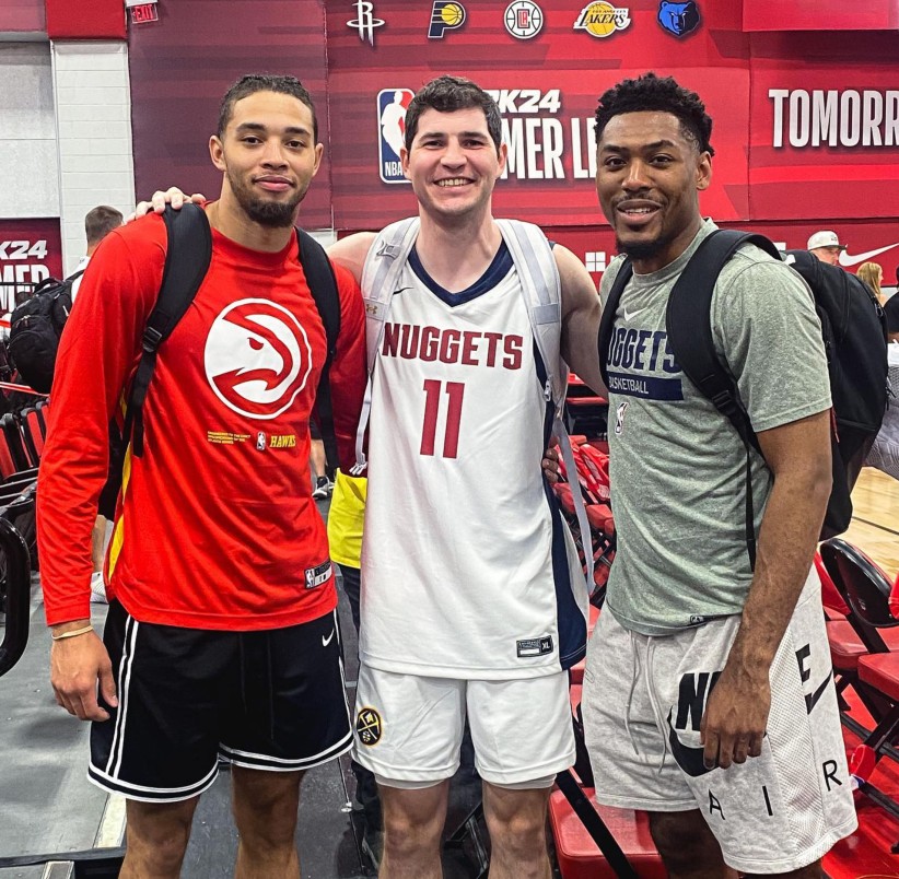 photo of three Nittany Lion men's basketball players at NBA Summer League, photo by Penn State Men's Basketball