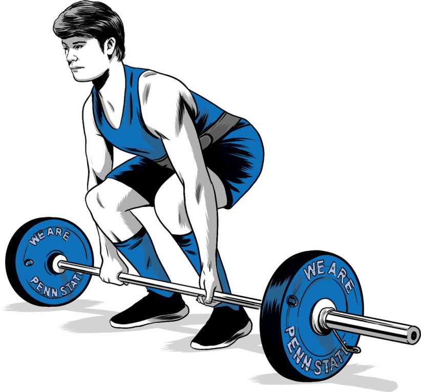 illustration of a man deadlifting weights that say We Are Penn State, by Joel Kimmel