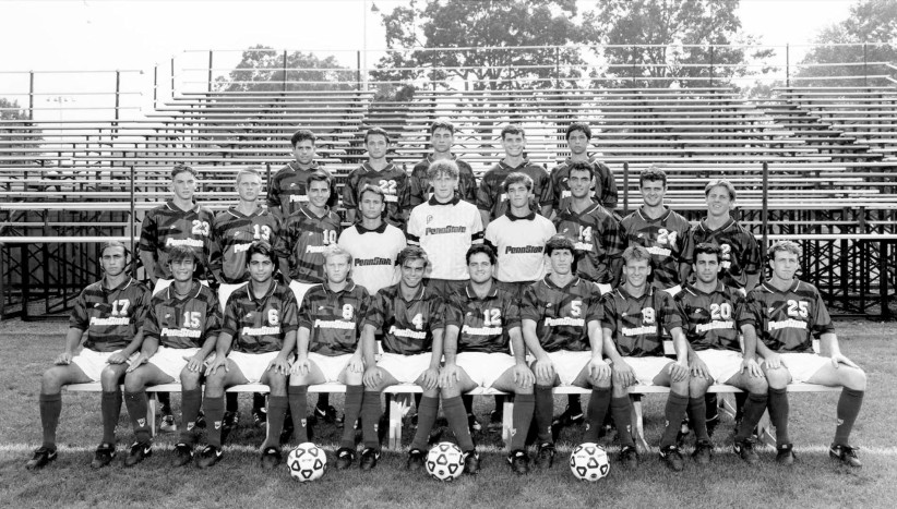 black and white photo of the 1993 men's championship soccer team by Penn State Archives