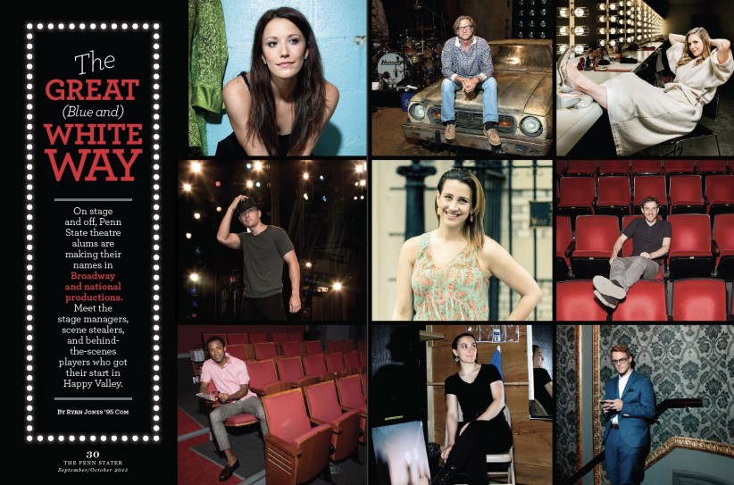 screen grab of two-page spread of Sept/Oct 15 feature, collage of nine Penn Staters on Broadway, photos by Michael Lavine