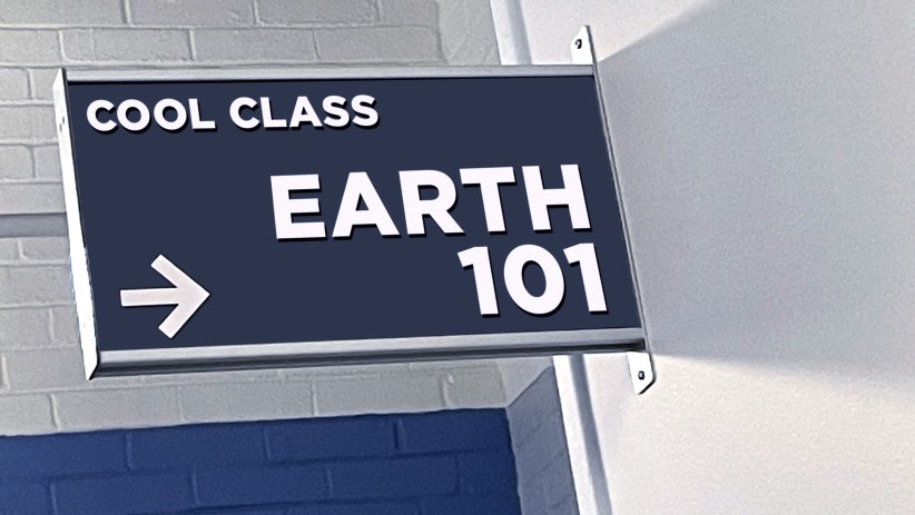 Blue sign that says Cool Class Earth 101 with a white arrow by Nick Sloff '92 A&A