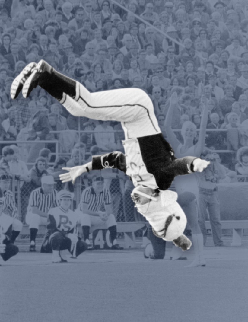 Photo illustration of drum major mid-flip by Nick Sloff '92 A&A