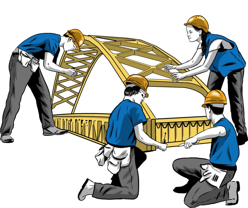 illustration of students building a bridge by Joel Kimmel
