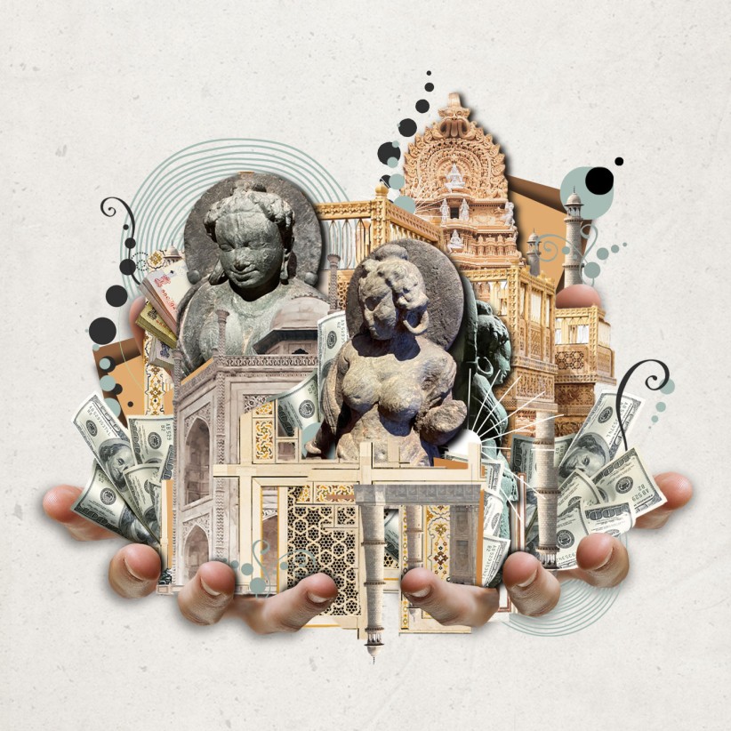 conceptual illustration of hands holding US currency and Hindu statues by Nadia Radic