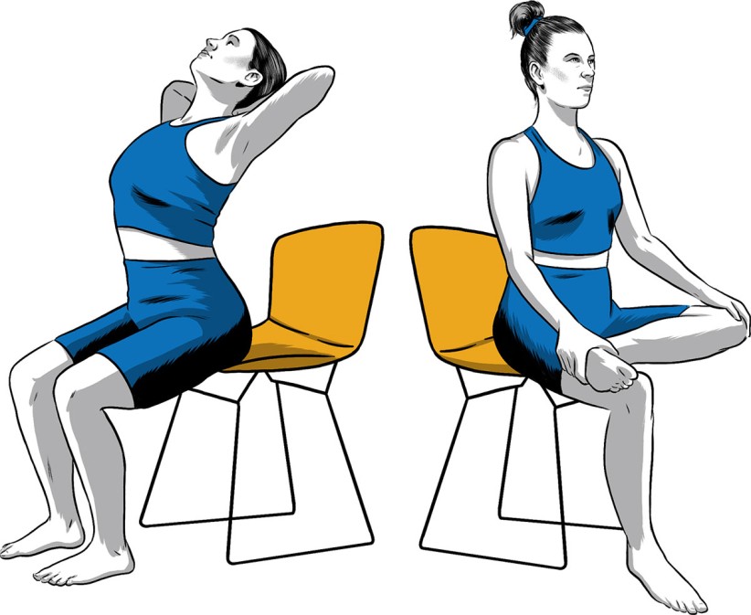 illustration of a person doing chair stretches by Joel Kimmel