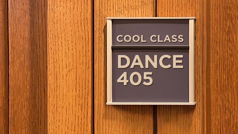 photo of a classroom sign that says Cool Class Dance 405 by Nick Sloff '92 A&A