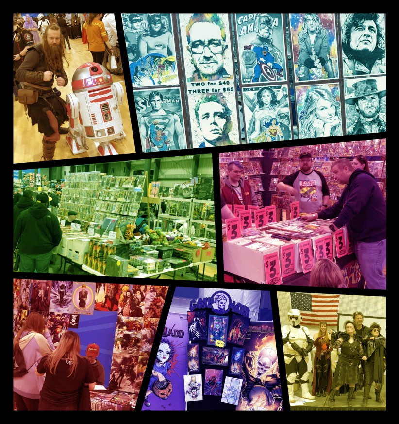 collage of color washed photos from comic convention, courtesy