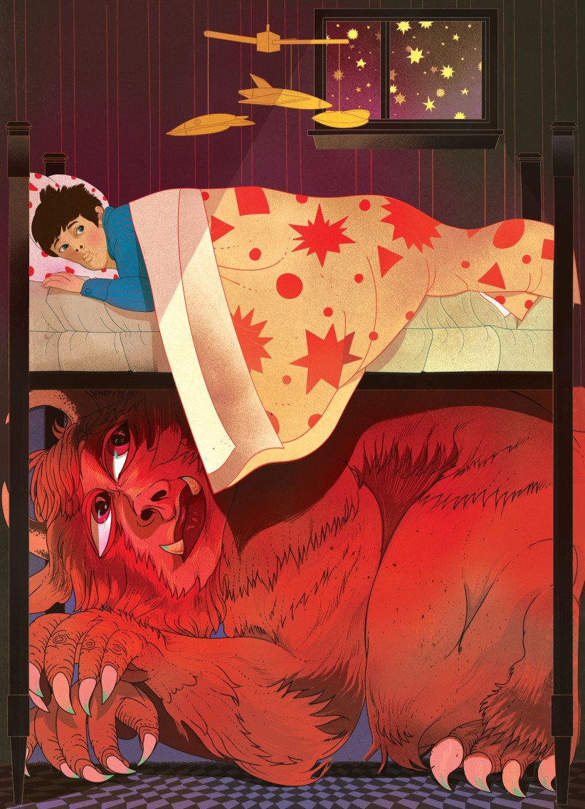 illustration of a boy awake in his bed with a large but not scary monster under his bed by Marcos Chin