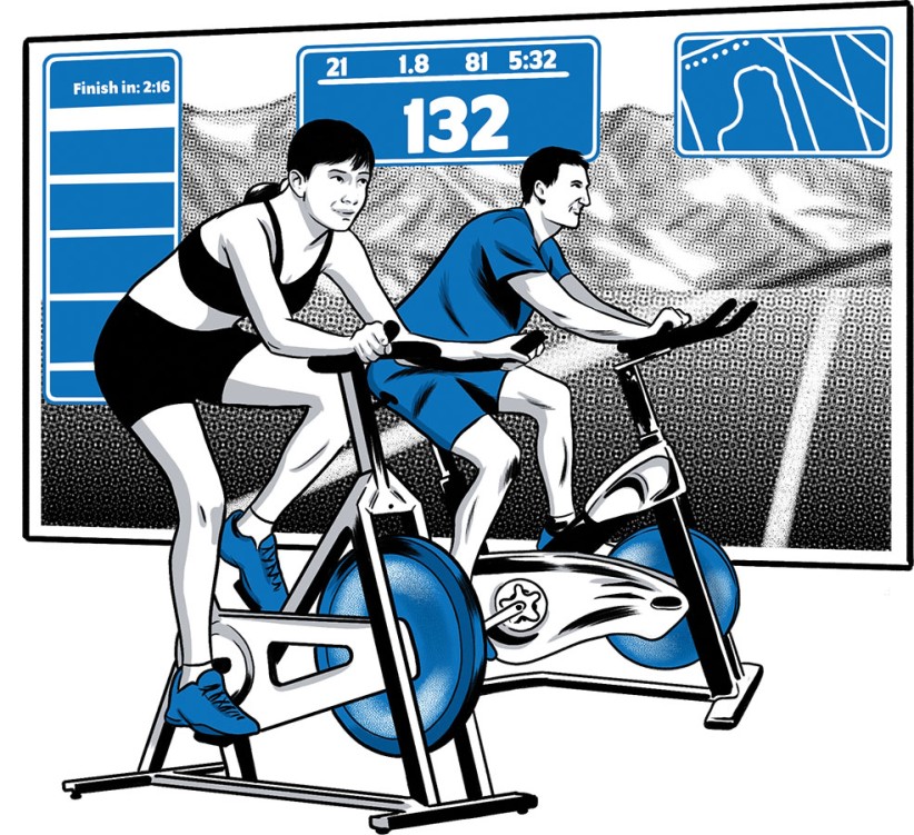 illustration of two people cycling in a gym by Joel Kimmel