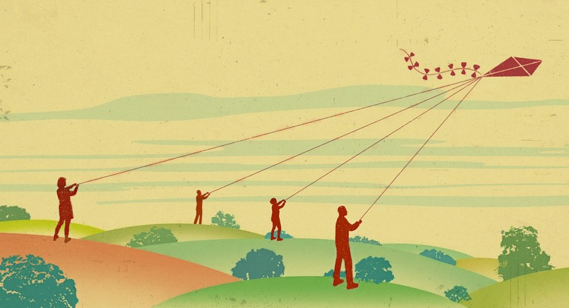 illustration of four people flying kites in rural setting by Richard Mia