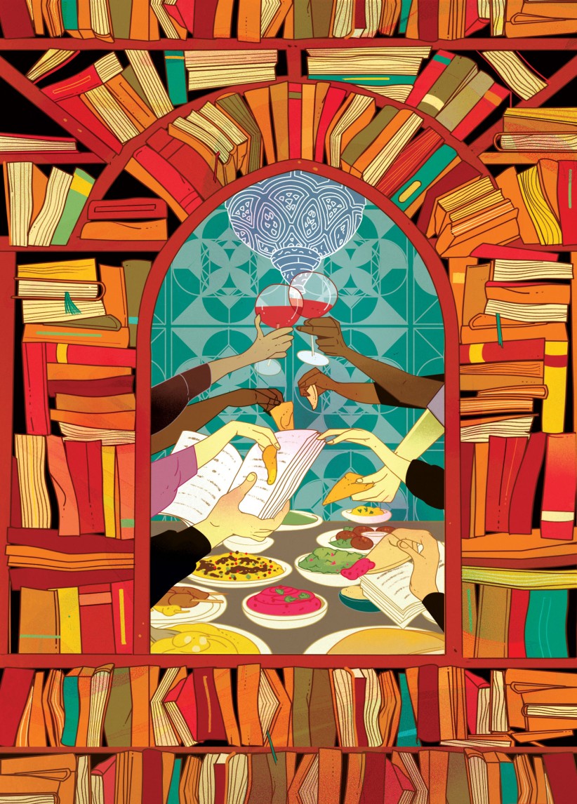 illustration of an arched window surrounded by bookshelves and displaying hands passing food around a table by Marcos Chin