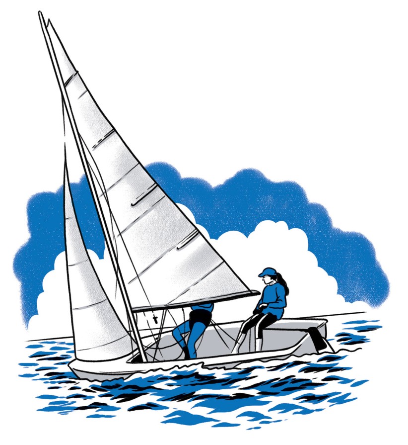 illustration of people sailing on a blue and white sailboat by Joel Kimmel