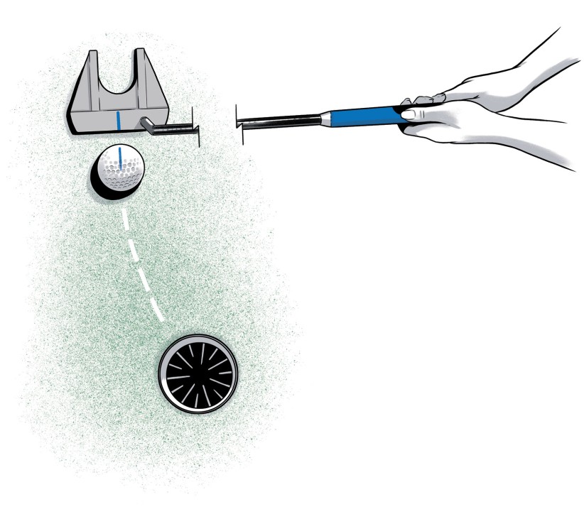 illustration of a putter about to strike a gold ball with a marked path to the hole by Joel Kimmel