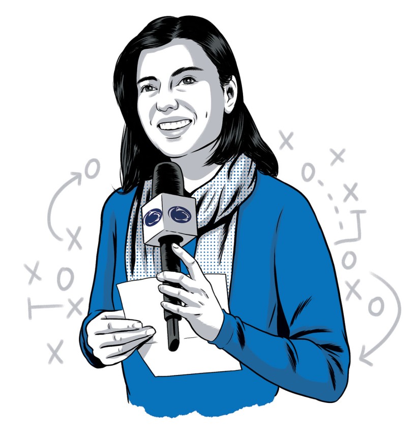 illustration of a woman holding a microphone branded with Nittany Lion by Joel Kimmel