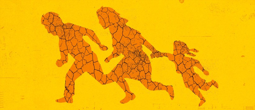 illustration of three people running and silhouettes are in the pattern of scorched earth by Richard Mia