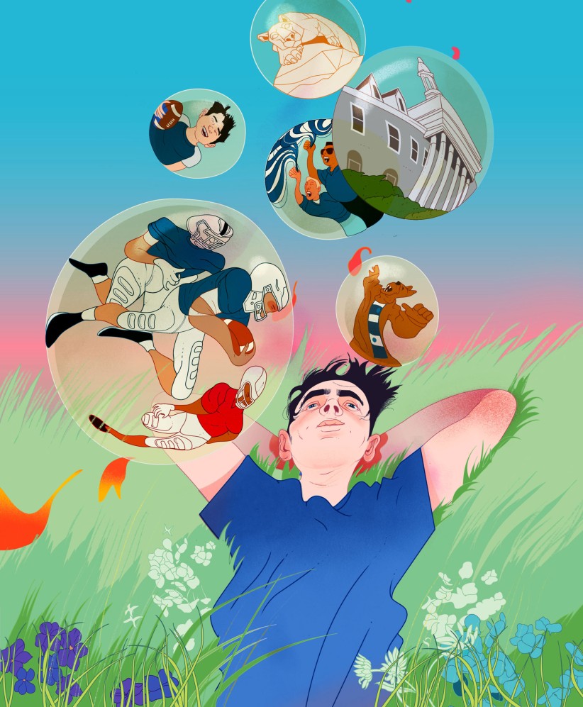 illustration of an adult lying in the grass with thought bubbles full of Penn State related things swirling above his head by Marcos Chin