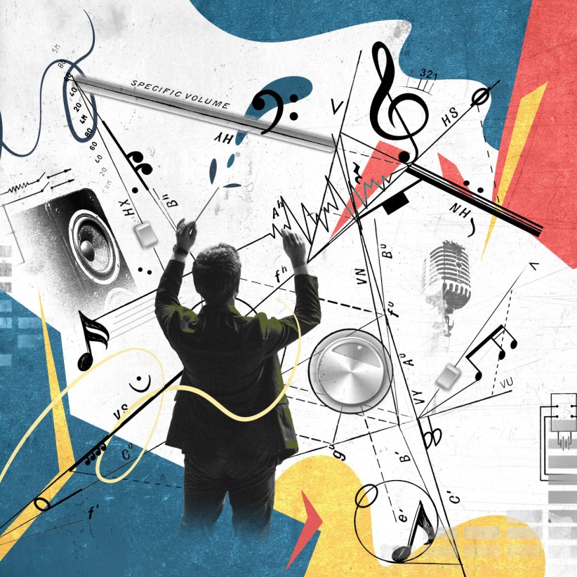 illustration of a music conductor with various musical icons and symbols by Nadia Radic