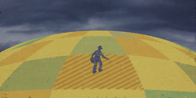 illustration of a person walking in a barren field with a checkerboard pattern under a stormy sky by Richard Mia 