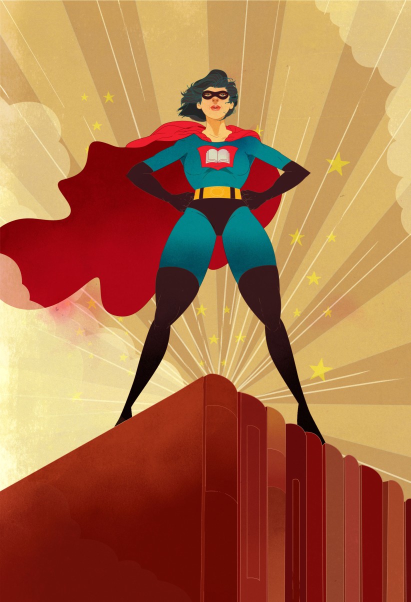 illustration of a person dressed in superhero costume with a red cape standing with hands on hips atop a stack of books, by Marcos Chin