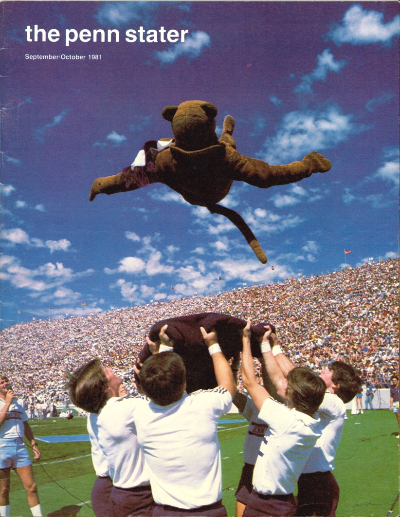 cover of September/October 1981 Penn Stater with a group tossing the Nittany Lion mascot into the air